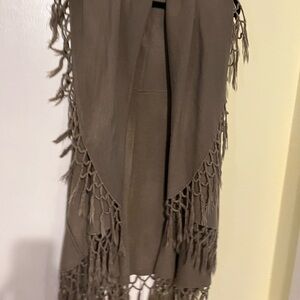 Taupe Fringe-Trim Open Front Women's Cardigan